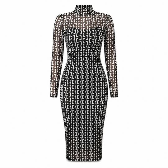 Ensemble robe 2 pièces pour femme, composé d'une robe midi moulante à manches longues en maille filet avec imprimé à motif de chaînes et d'une robe slips intérieure