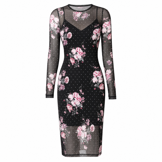 Ensemble robe 2 pièces pour femme, composé d'une robe midi moulante à manches longues en maille filet avec imprimé à motif de chaînes et d'une robe slips intérieure