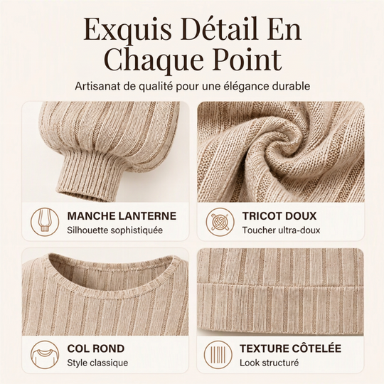 Pull en maille côtelée à manches lanternes, style décontracté pour femme