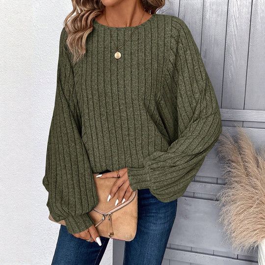 Pull en maille côtelée à manches lanternes, style décontracté pour femme