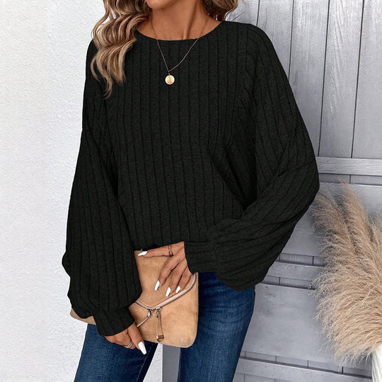 Pull en maille côtelée à manches lanternes, style décontracté pour femme