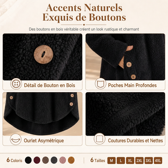 Manteau en peluche doublée polaire asymétrique à boutons, unis pour femme, hiver