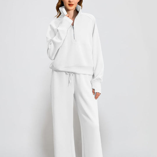 Ensemble Pull-over Zippé à Col Montant et Pantalon à Jambes Larges pour Femme