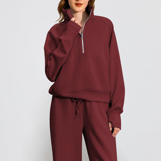 Ensemble Pull-over Zippé à Col Montant et Pantalon à Jambes Larges pour Femme