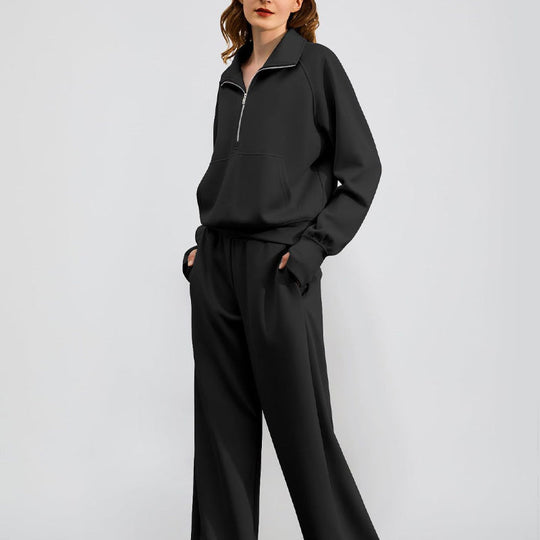 Ensemble Pull-over Zippé à Col Montant et Pantalon à Jambes Larges pour Femme