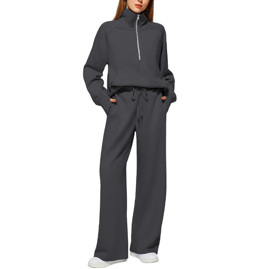 Ensemble Pull-over Zippé à Col Montant et Pantalon à Jambes Larges pour Femme