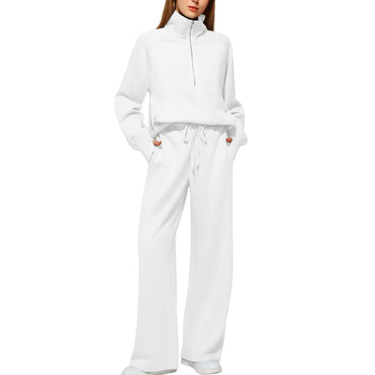 Ensemble Pull-over Zippé à Col Montant et Pantalon à Jambes Larges pour Femme