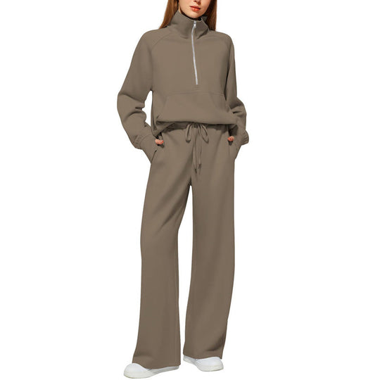 Ensemble Pull-over Zippé à Col Montant et Pantalon à Jambes Larges pour Femme