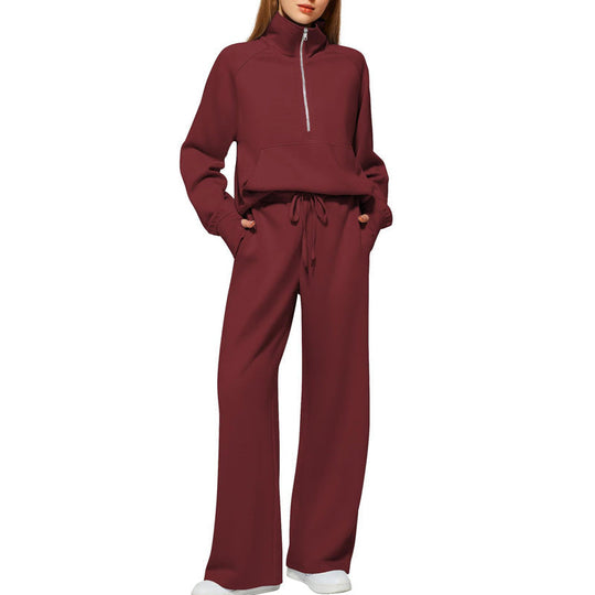 Ensemble Pull-over Zippé à Col Montant et Pantalon à Jambes Larges pour Femme
