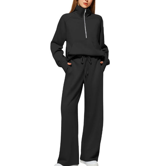 Ensemble Pull-over Zippé à Col Montant et Pantalon à Jambes Larges pour Femme