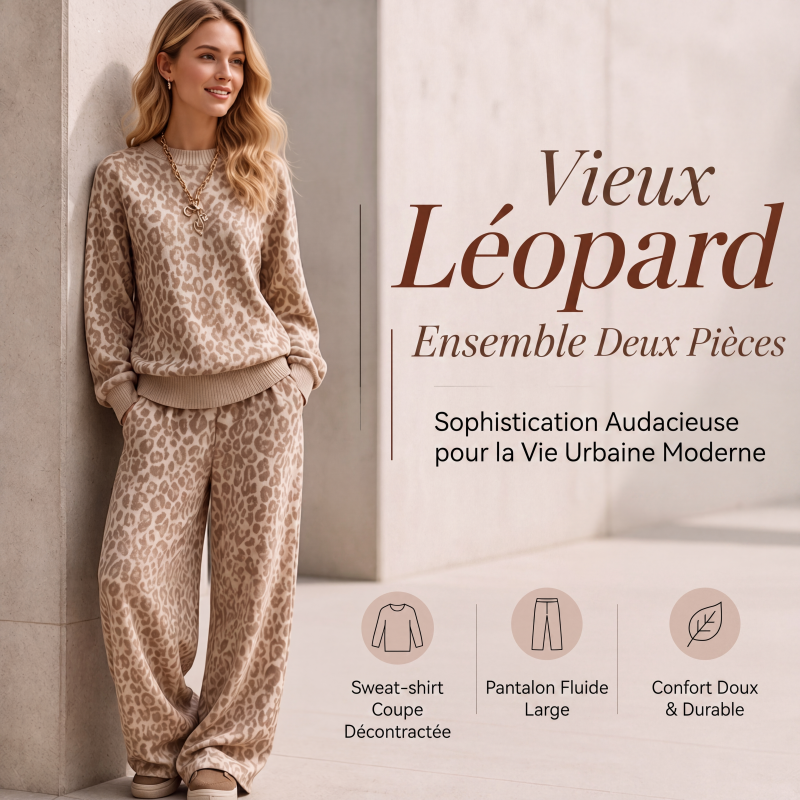 ⏳Liquidation totale⏳Ensemble sweat à imprimé léopard et pantalon large pour femme