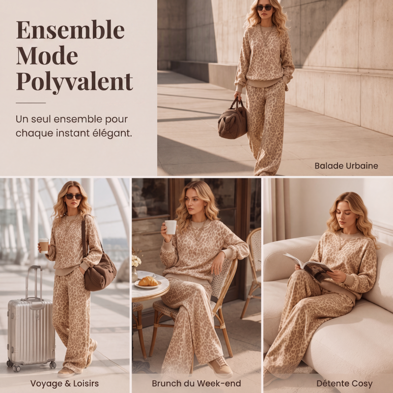 ⏳Liquidation totale⏳Ensemble sweat à imprimé léopard et pantalon large pour femme