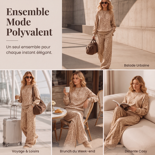 ⏳Liquidation totale⏳Ensemble sweat à imprimé léopard et pantalon large pour femme