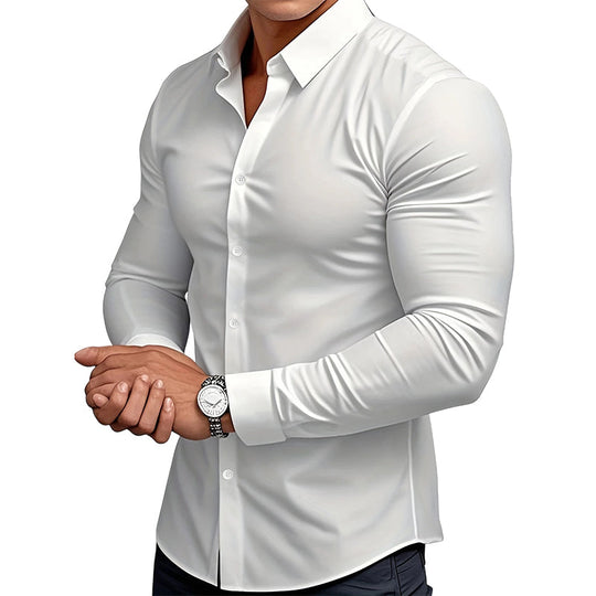 Chemise Boutonnée à Manches Longues à Col Revers de Couleur Unie pour Homme