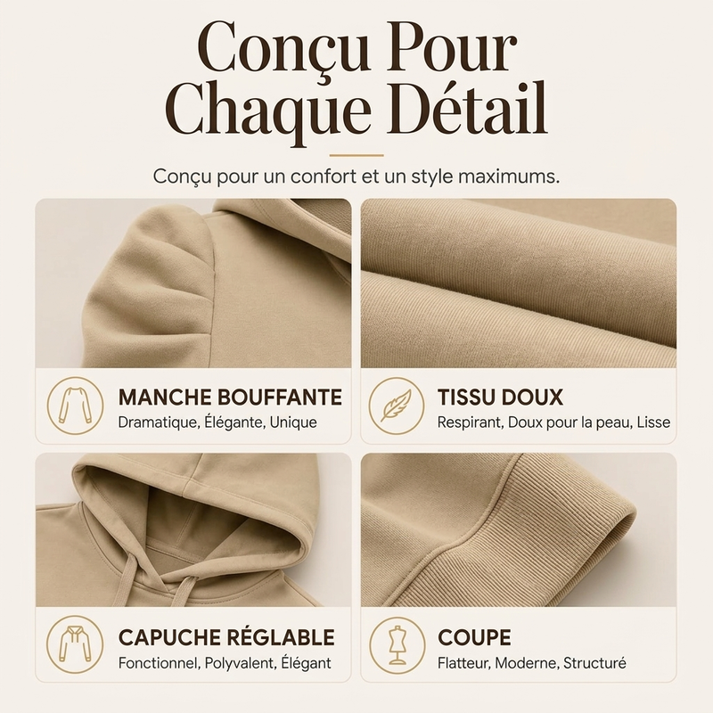 Sweat à capuche à manches bouffantes, style casual chic pour femme