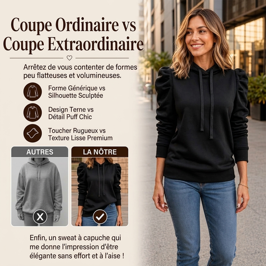 Sweat à capuche à manches bouffantes, style casual chic pour femme