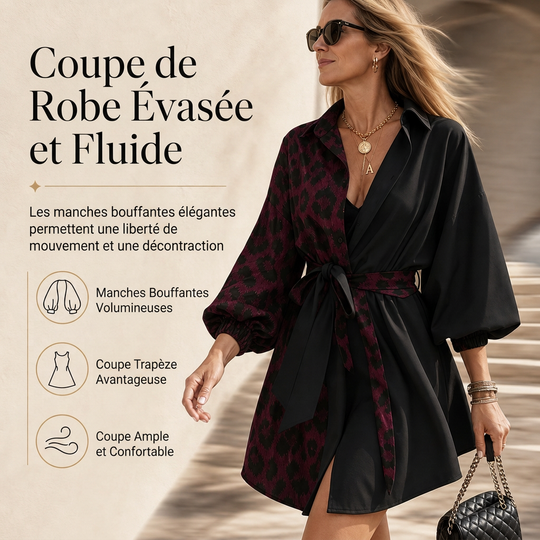 Robe courte chemise à manches longues pour femme, à imprimé léopard, avec patchwork contrasté et ceinture