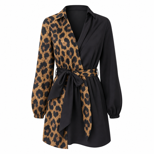 Robe courte chemise à manches longues pour femme, à imprimé léopard, avec patchwork contrasté et ceinture
