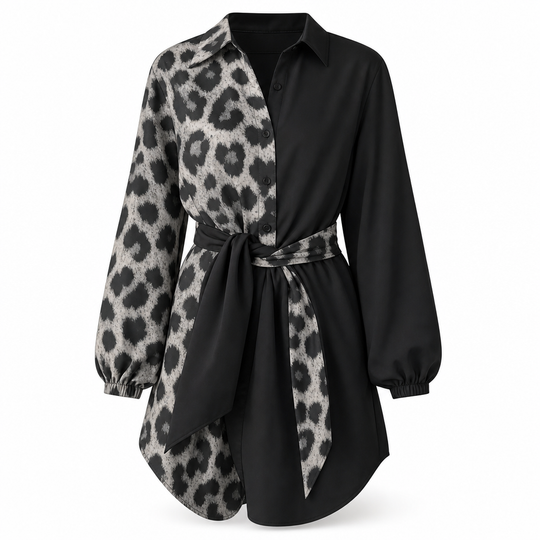 Robe courte chemise à manches longues pour femme, à imprimé léopard, avec patchwork contrasté et ceinture