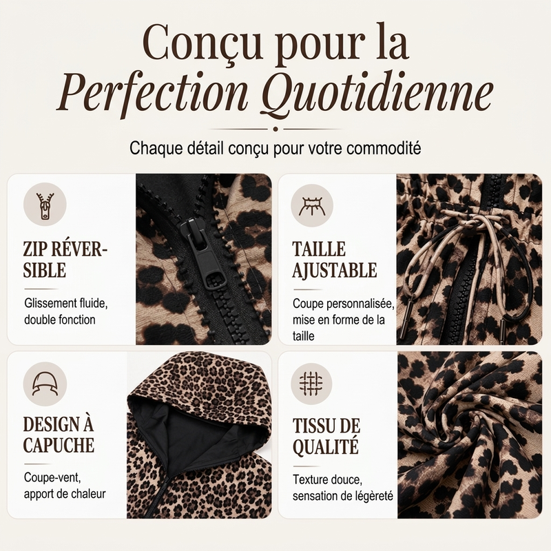 Veste à capuche réversible pour femme à imprimé léopard