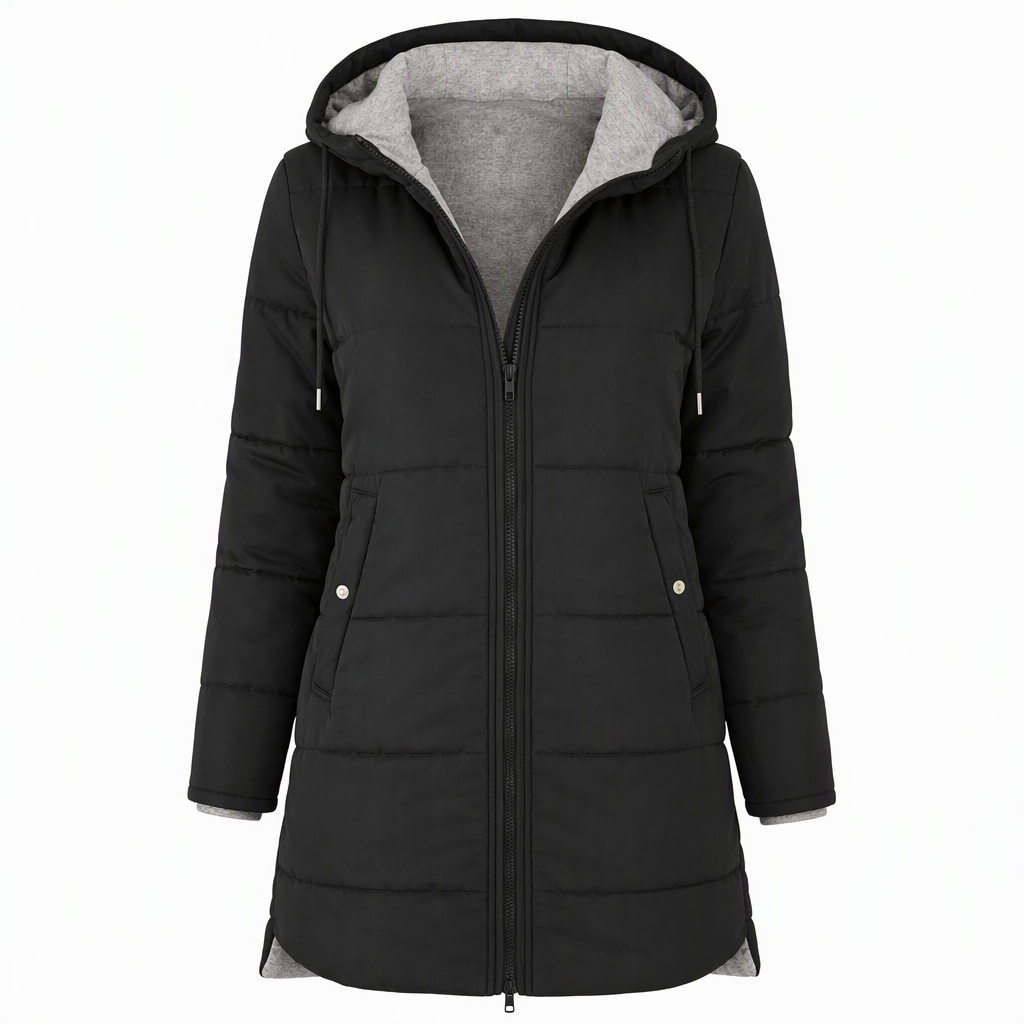 👜 -50 % sur toute la mode femme ! ✨Manteau matelé long à capuche et coupe slim, couleur unie, avec poches pour l'hiver