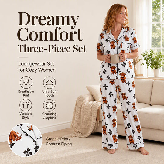 🚨 LAST DAY 50% OFF! 🐄 Highland Cow 3-Piece Pyjamas – Soft Pink Striped Lounge Set ✨