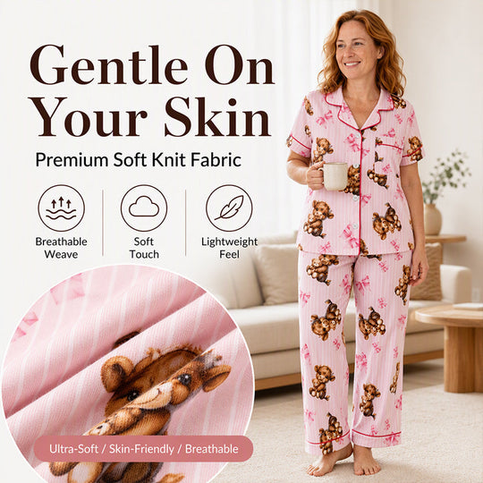 🚨 LAST DAY 50% OFF! 🐄 Highland Cow 3-Piece Pyjamas – Soft Pink Striped Lounge Set ✨