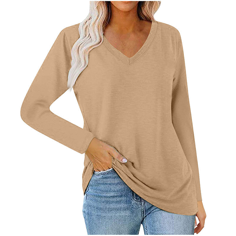 Haut décontracté à col V et manches longues pour femme