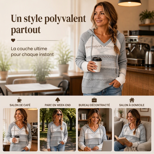 Sweet-capuche en maille ajourée et colorblock pour femme