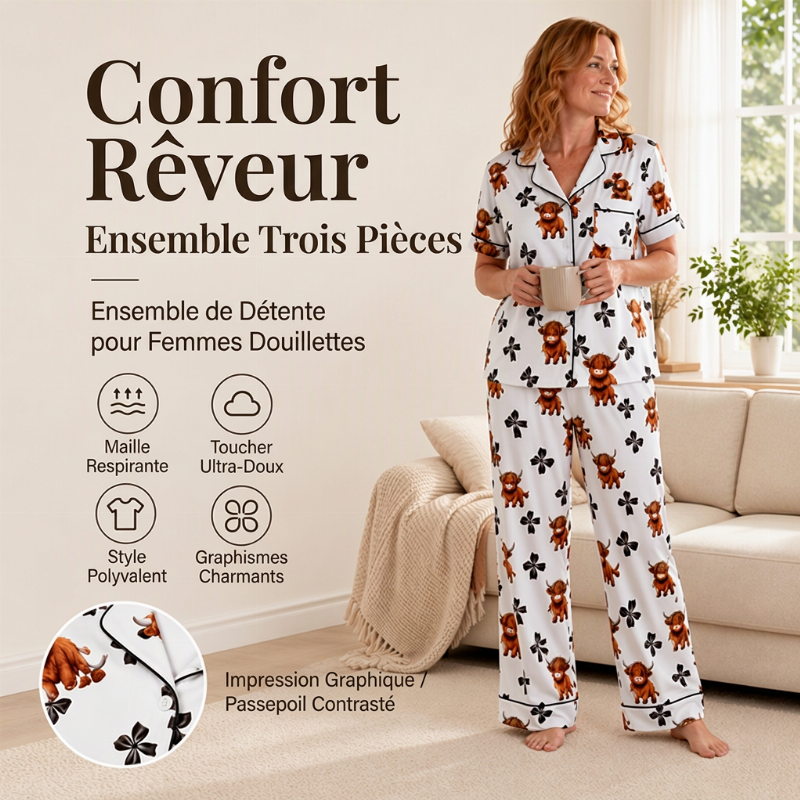 Ensemble de pyjama 3 pièces pour femme à motif vache Highland