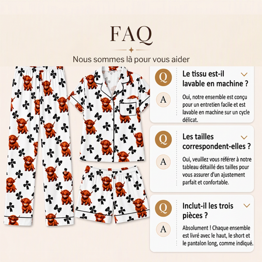 Ensemble de pyjama 3 pièces pour femme à motif vache Highland