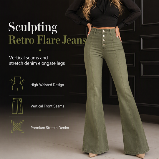 Jean évasé à taille haute et boutons multiples pour femme, vert olive, avec coutures verticales sur le devant