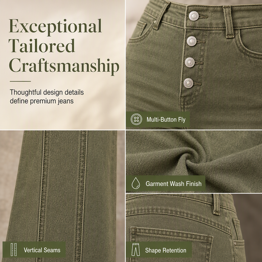Jean évasé à taille haute et boutons multiples pour femme, vert olive, avec coutures verticales sur le devant