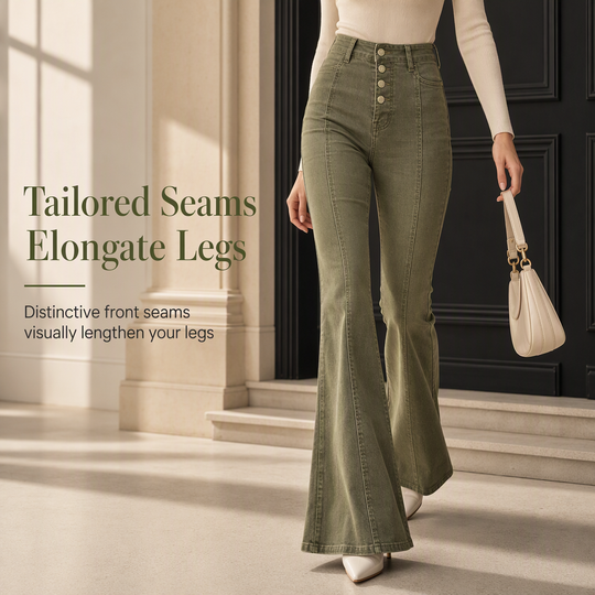 Jean évasé à taille haute et boutons multiples pour femme, vert olive, avec coutures verticales sur le devant