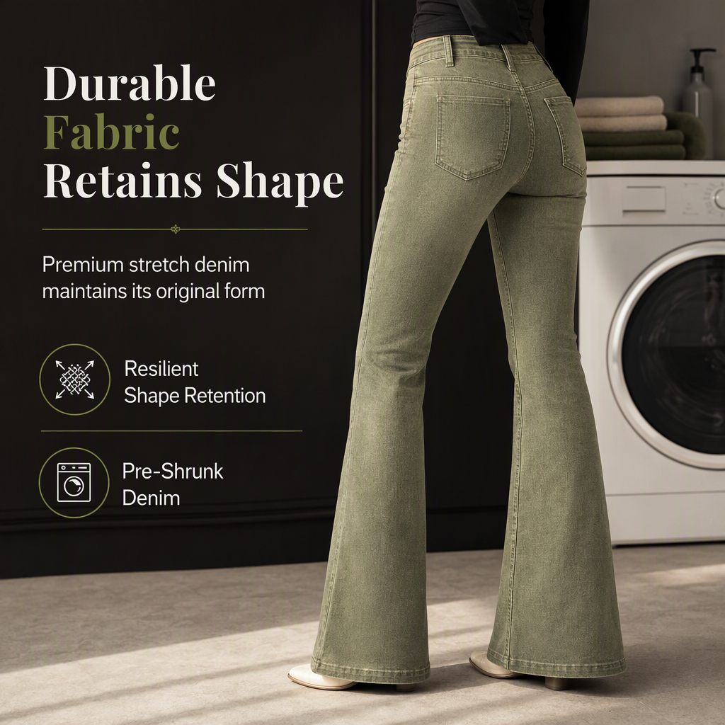 Jean évasé à taille haute et boutons multiples pour femme, vert olive, avec coutures verticales sur le devant