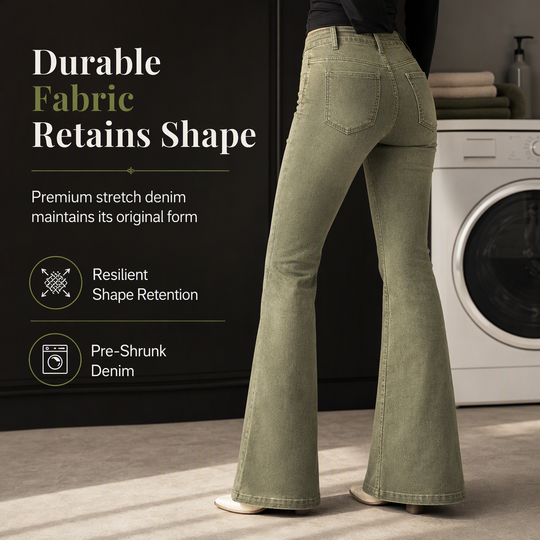 Jean évasé à taille haute et boutons multiples pour femme, vert olive, avec coutures verticales sur le devant