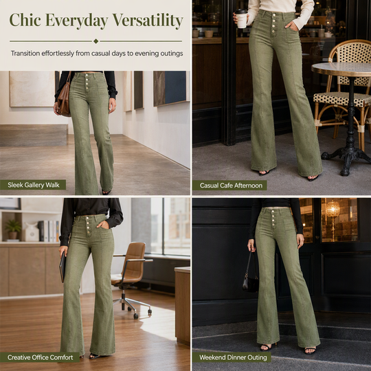 Jean évasé à taille haute et boutons multiples pour femme, vert olive, avec coutures verticales sur le devant