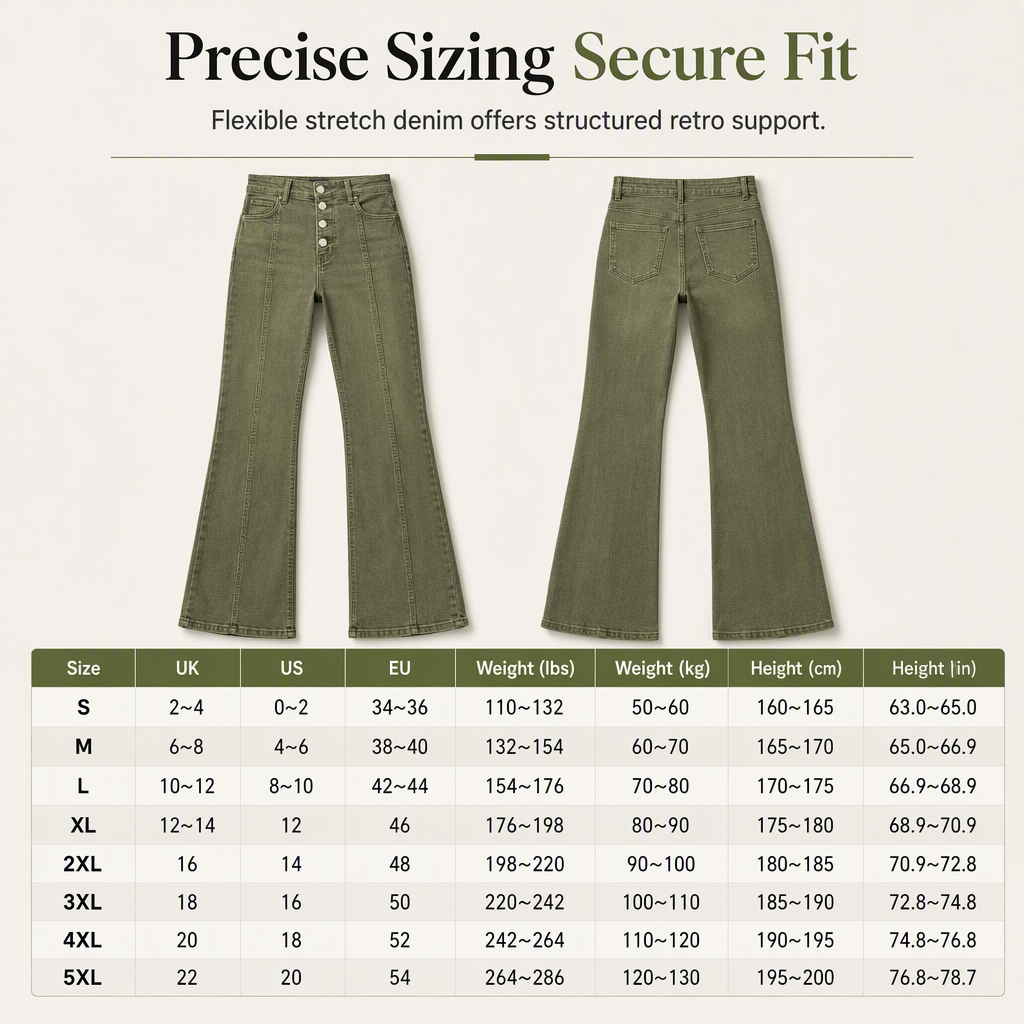 Jean évasé à taille haute et boutons multiples pour femme, vert olive, avec coutures verticales sur le devant