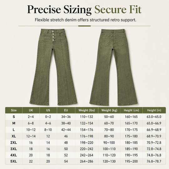 Jean évasé à taille haute et boutons multiples pour femme, vert olive, avec coutures verticales sur le devant