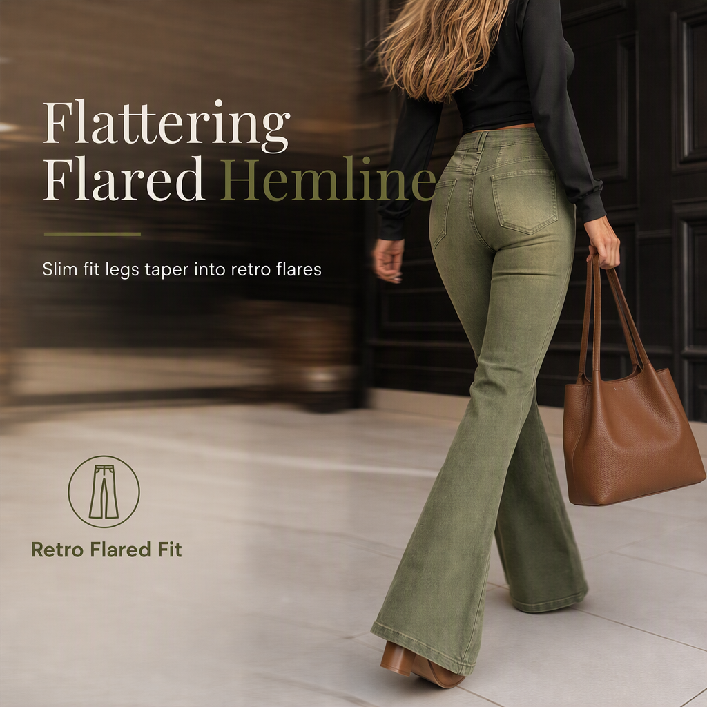 Jean évasé à taille haute et boutons multiples pour femme, vert olive, avec coutures verticales sur le devant