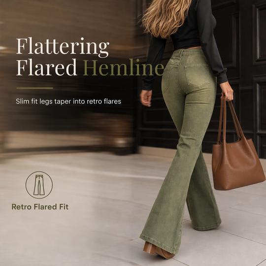 Jean évasé à taille haute et boutons multiples pour femme, vert olive, avec coutures verticales sur le devant