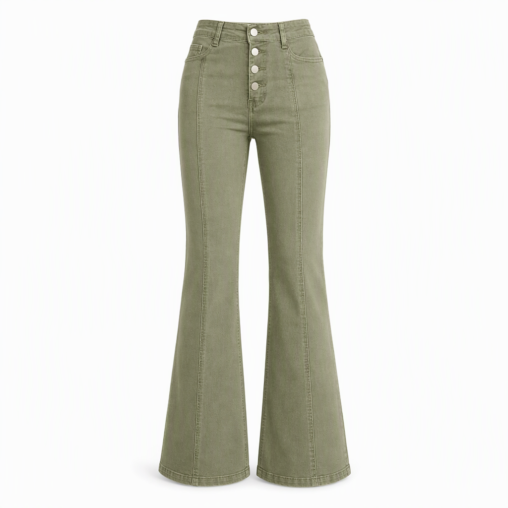 Jean évasé à taille haute et boutons multiples pour femme, vert olive, avec coutures verticales sur le devant