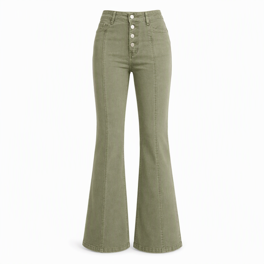 Jean évasé à taille haute et boutons multiples pour femme, vert olive, avec coutures verticales sur le devant