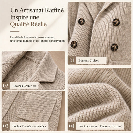 Cardigan en maille côtelée double boutonnage pour femme avec poches et col châle