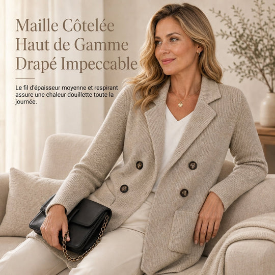Cardigan en maille côtelée double boutonnage pour femme avec poches et col châle