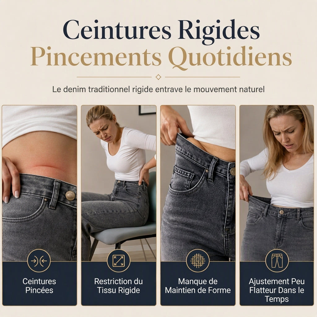 Jeans en denim stretch à taille haute et jambe large avec boutons décoratifs