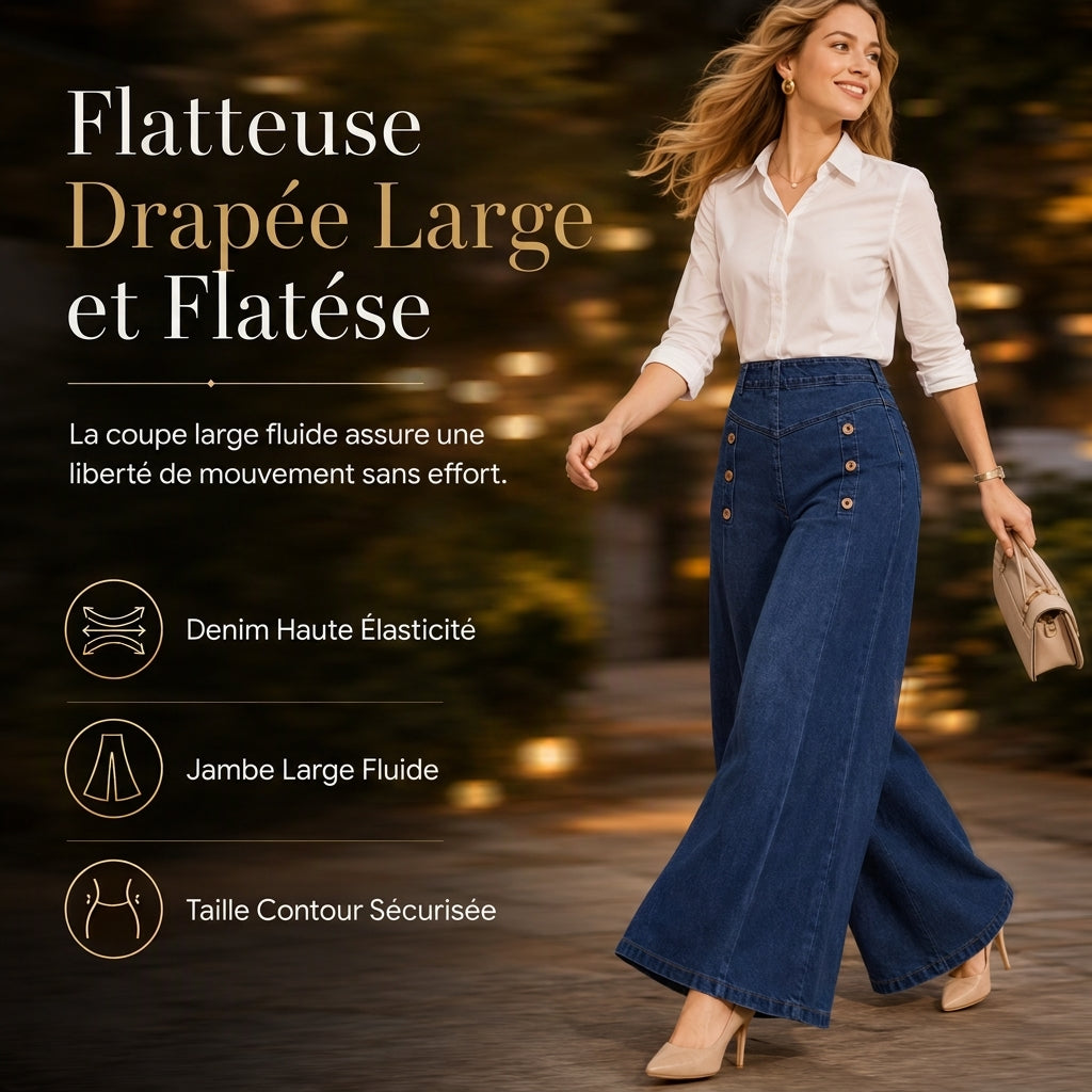 Jeans en denim stretch à taille haute et jambe large avec boutons décoratifs