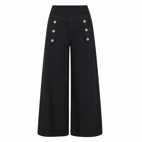 Jeans en denim stretch à taille haute et jambe large avec boutons décoratifs