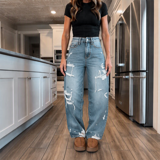 Pantalon en jean large et déchiré élégant pour femme
