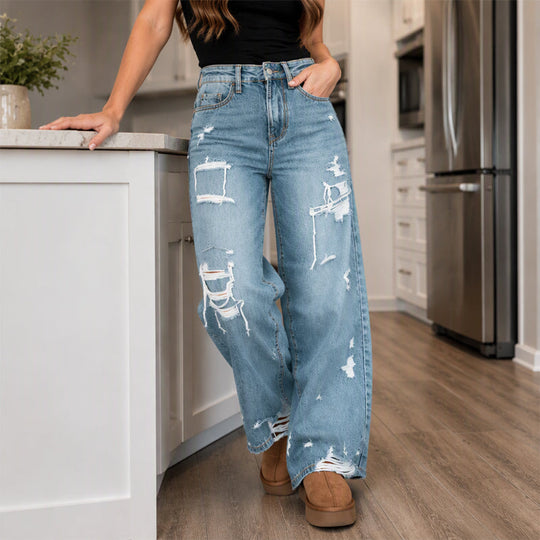 Pantalon en jean large et déchiré élégant pour femme